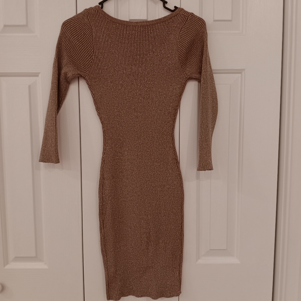 Sparkling Brown Ribbed Knit Bodycon Dress - Picture 3 of 4